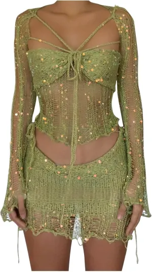 Sequin Sparkle Sweater for Women Sexy Cleavage Crochet 2 Piece Going Out Party Thin Match Mini Skirts Sets Women Basic