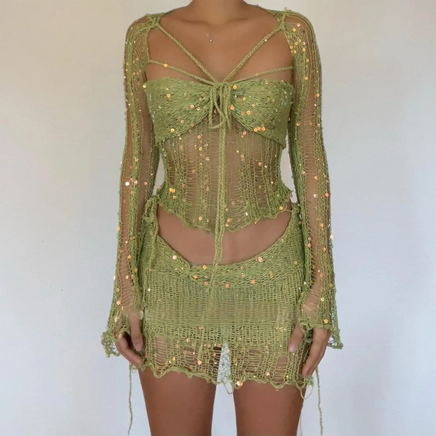 Sequin Sparkle Sweater for Women Sexy Cleavage Crochet 2 Piece Going Out Party Thin Match Mini Skirts Sets Women Basic