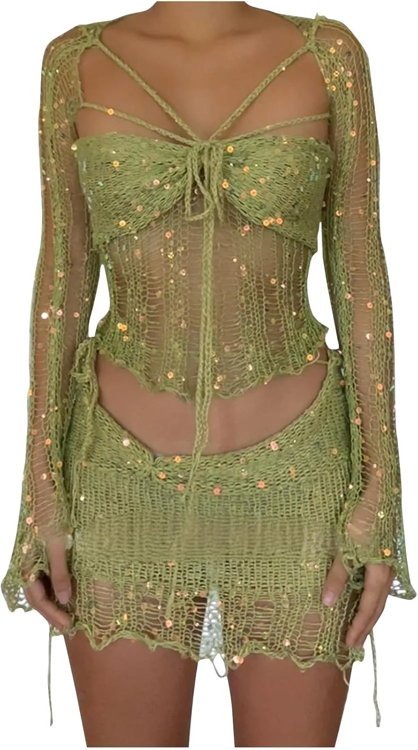 Sequin Sparkle Sweater for Women Sexy Cleavage Crochet 2 Piece Going Out Party Thin Match Mini Skirts Sets Women Basic