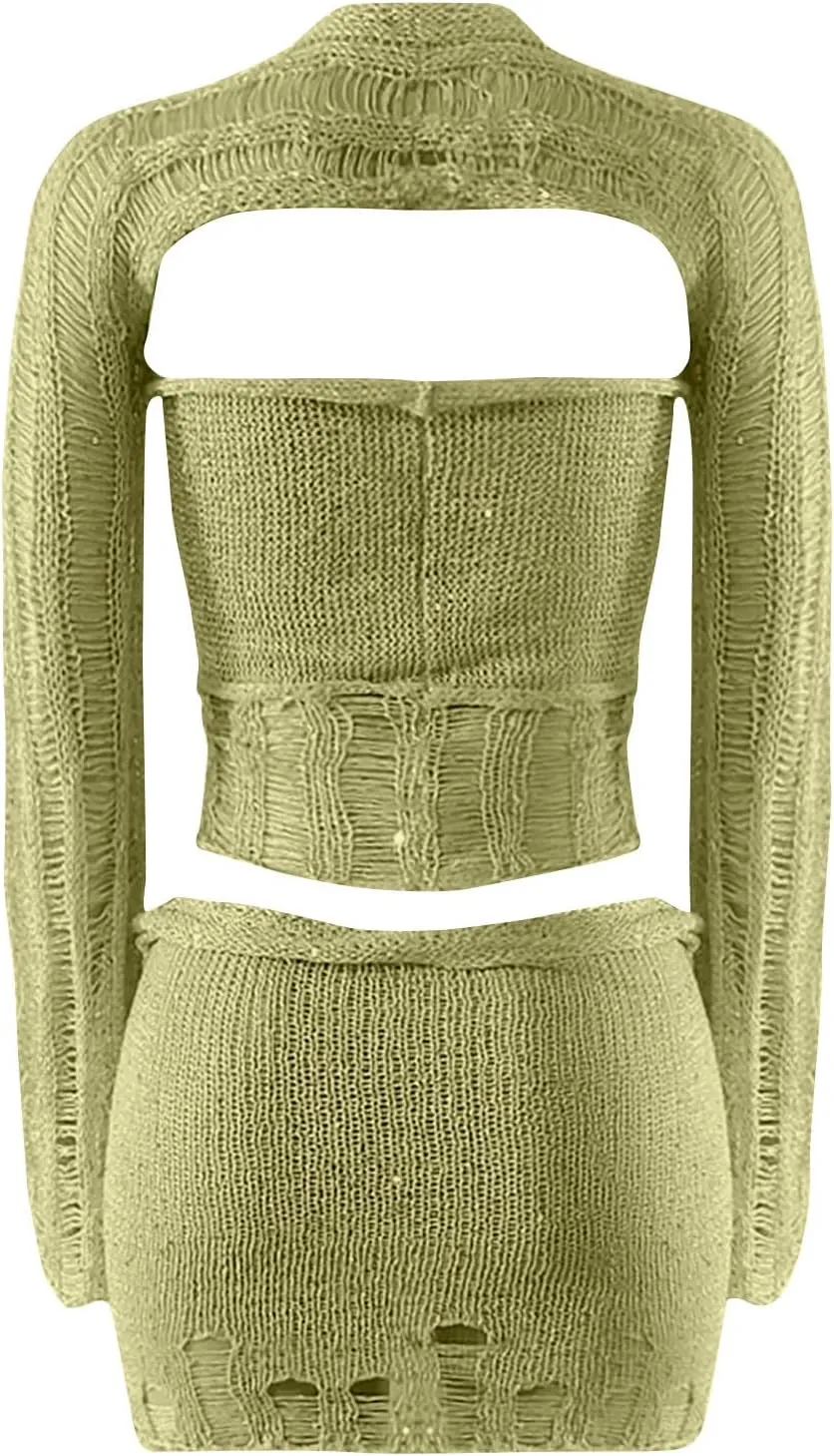 Sequin Sparkle Sweater for Women Sexy Cleavage Crochet 2 Piece Going Out Party Thin Match Mini Skirts Sets Women Basic