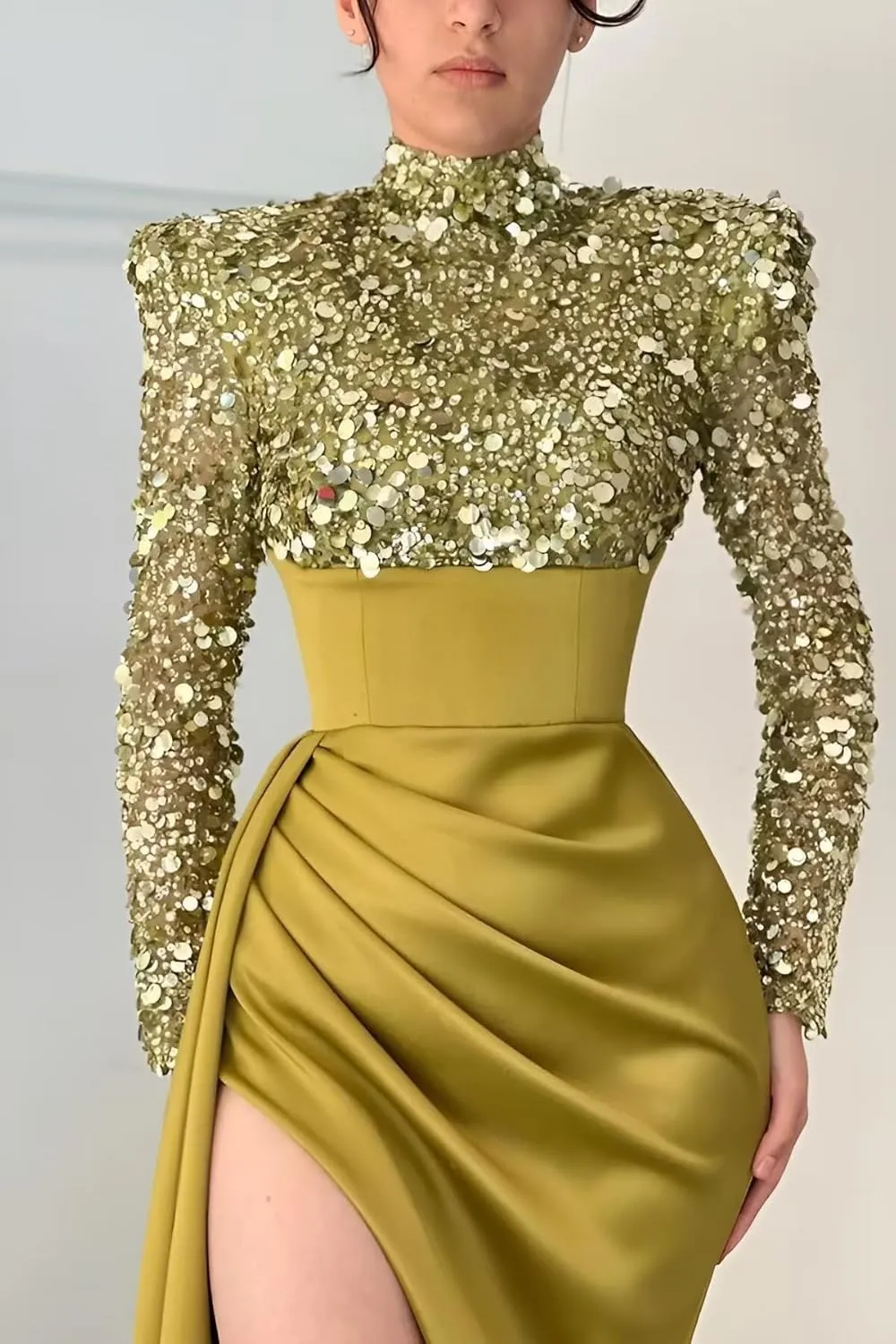 Sequin Sparkly Mermaid Prom Dresses Long Sleeve Satin High Neck Halter Evening Formal Party Gown with Slit 2024