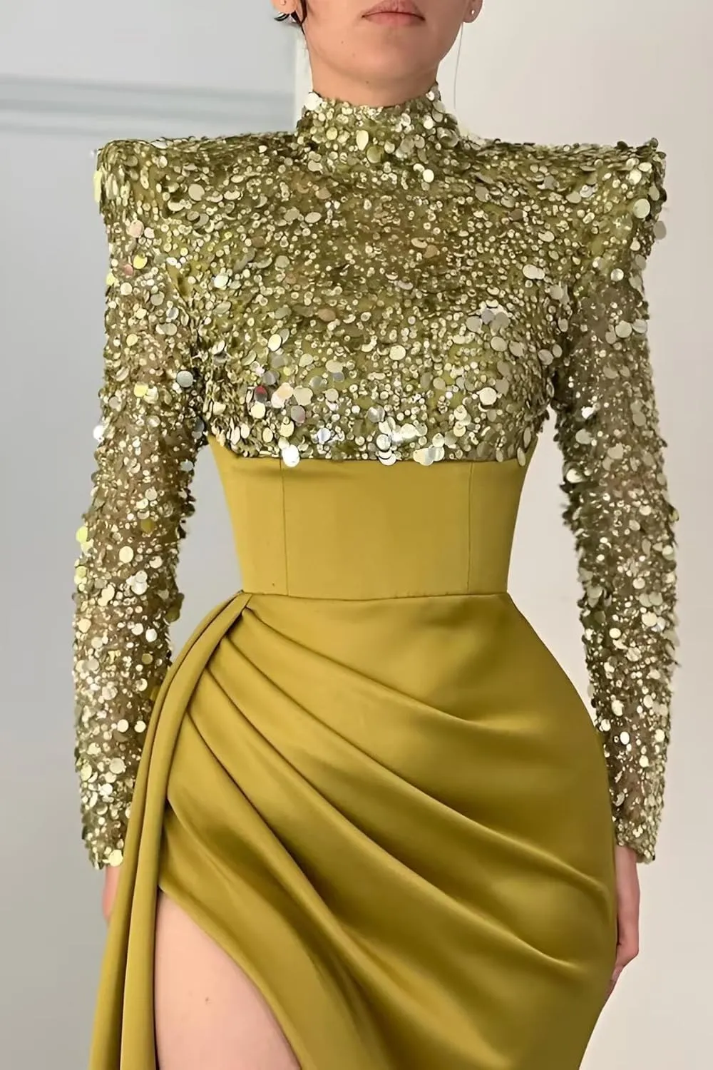 Sequin Sparkly Mermaid Prom Dresses Long Sleeve Satin High Neck Halter Evening Formal Party Gown with Slit 2024