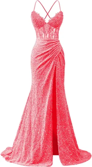 Sequins Prom Dresses Sparkly Corset Lace Appliques Spaghetti Straps Mermaid Long Slit Evening Gowns for Women 2025