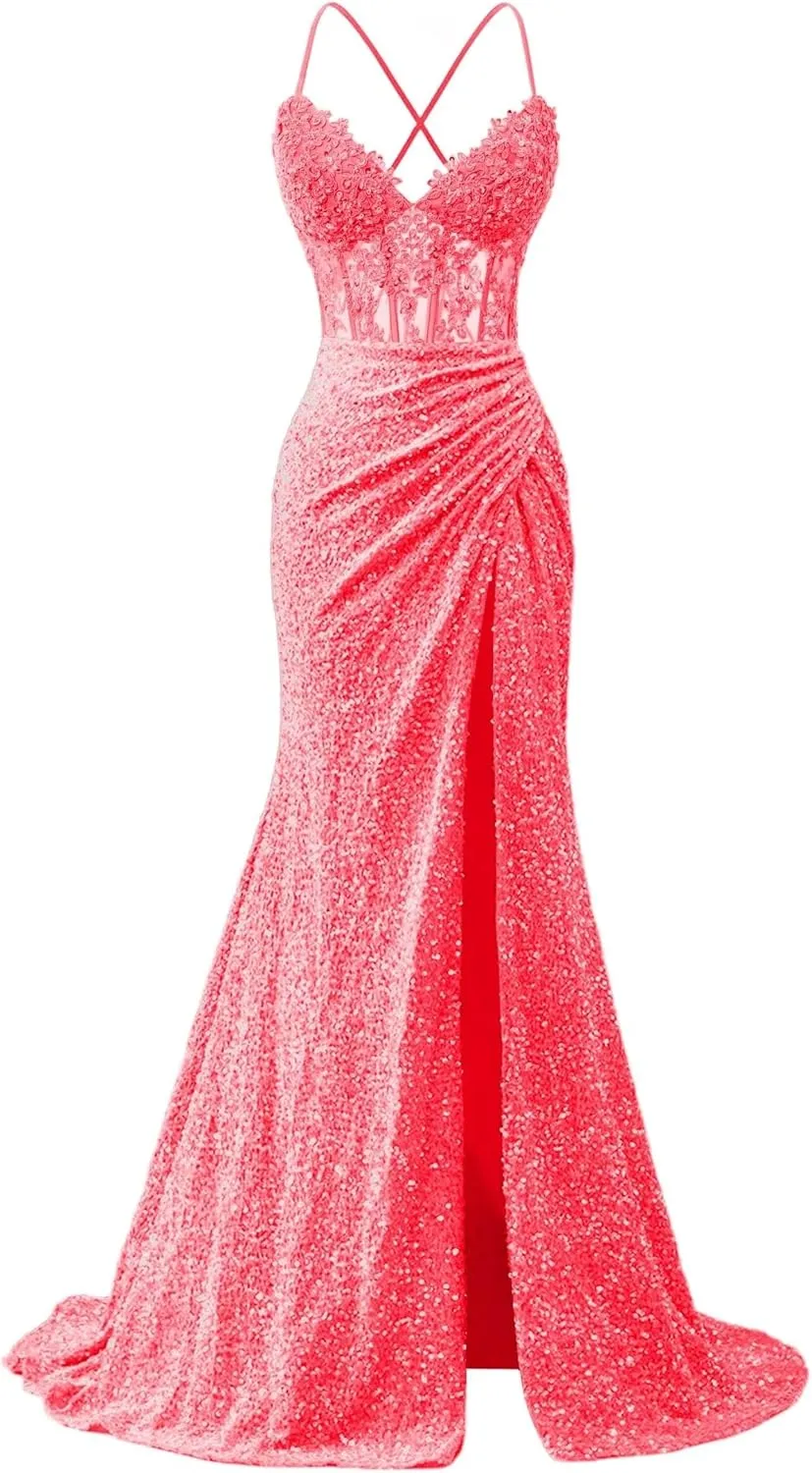 Sequins Prom Dresses Sparkly Corset Lace Appliques Spaghetti Straps Mermaid Long Slit Evening Gowns for Women 2025