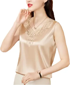 Sexy Lace Camisole Spring Summer Women Silk Satin Vest Sleeveless Casual Patchwork Tops