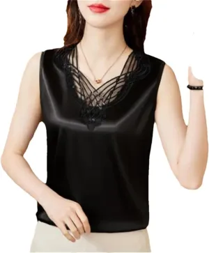 Sexy Lace Camisole Spring Summer Women Silk Satin Vest Sleeveless Casual Patchwork Tops