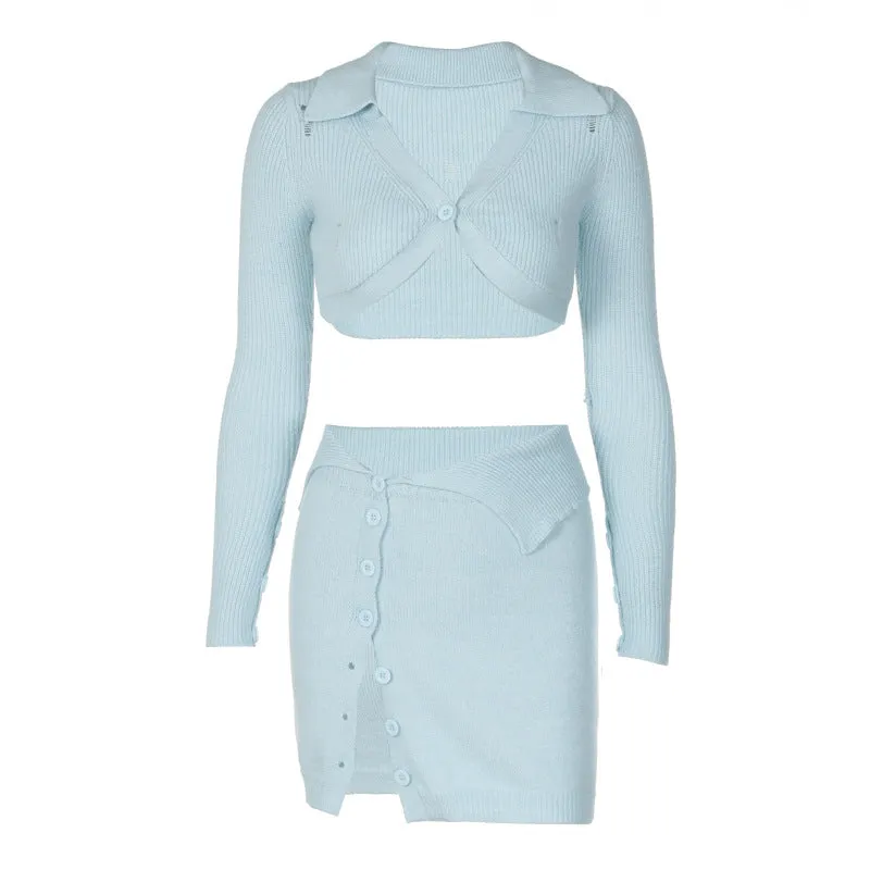 Sexy Long Sleeve Ultra-Short Tops & Skirts Knit Suits Wholesale Women'S 2 Piece Sets