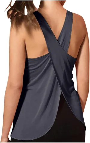 Sexy Open Back Workout Tank Tops Loose Fit Sleeveless Criss-Cross Back Slit Activewear Athletic Shirts