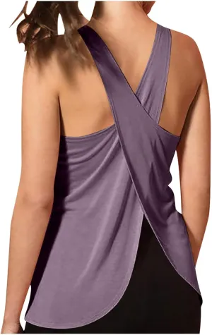 Sexy Open Back Workout Tank Tops Loose Fit Sleeveless Criss-Cross Back Slit Activewear Athletic Shirts