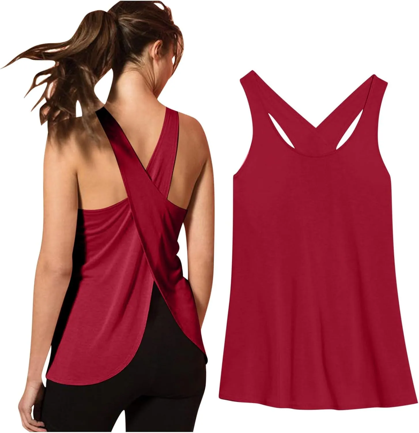 Sexy Open Back Workout Tank Tops Loose Fit Sleeveless Criss-Cross Back Slit Activewear Athletic Shirts