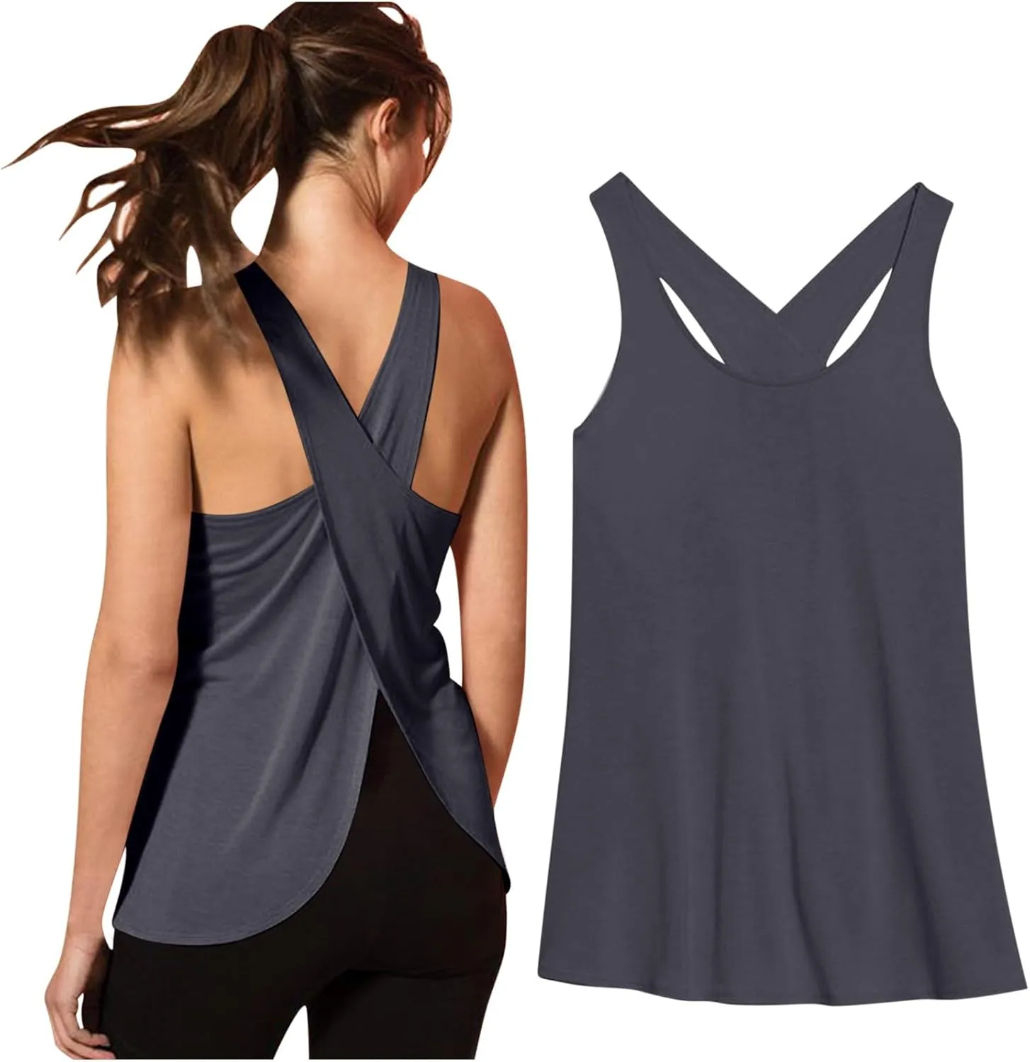 Sexy Open Back Workout Tank Tops Loose Fit Sleeveless Criss-Cross Back Slit Activewear Athletic Shirts