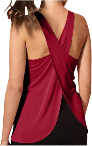 Sexy Open Back Workout Tank Tops Loose Fit Sleeveless Criss-Cross Back Slit Activewear Athletic Shirts