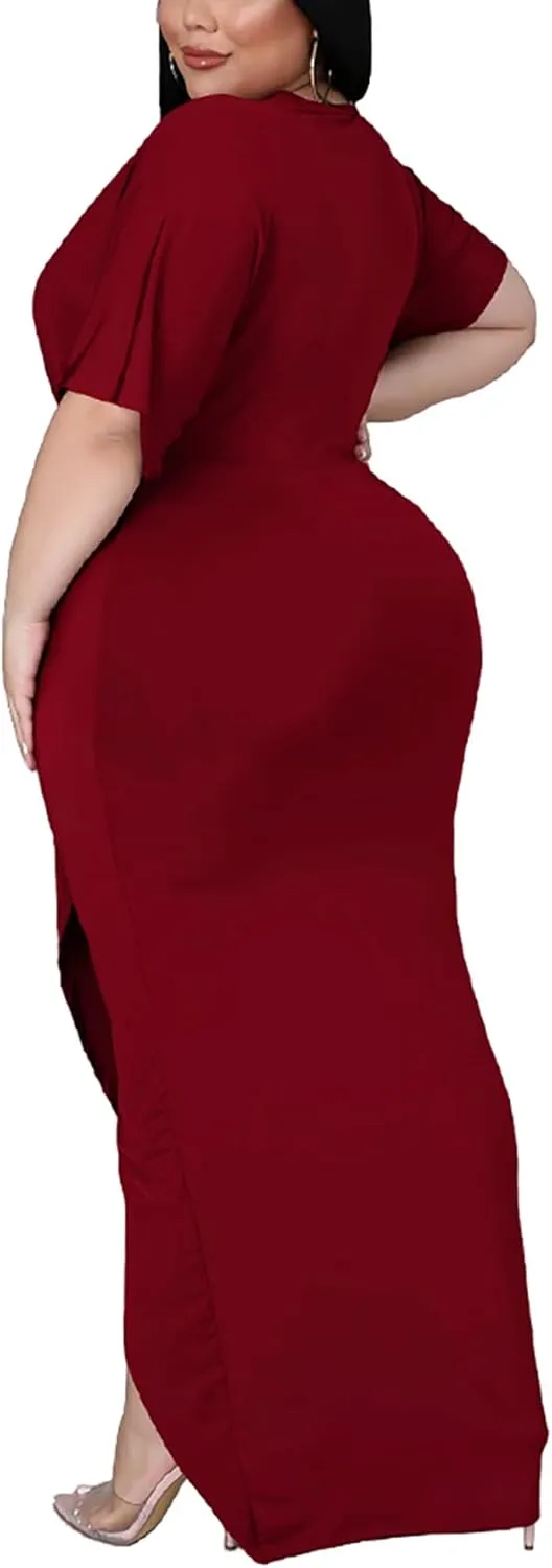 Sexy Plus Size Maxi Dress for Curvy Women V Neck Short Sleeve Wedding Guest Dress Party Dress
