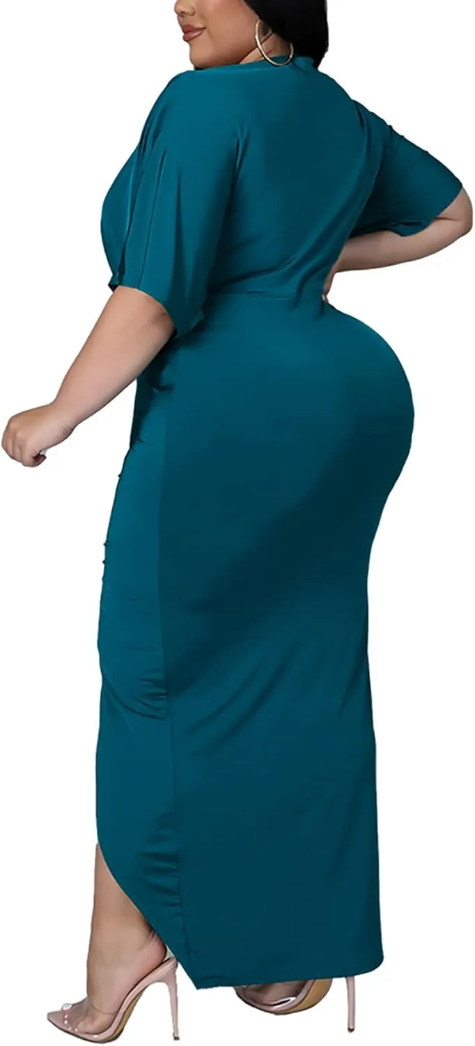 Sexy Plus Size Maxi Dress for Curvy Women V Neck Short Sleeve Wedding Guest Dress Party Dress