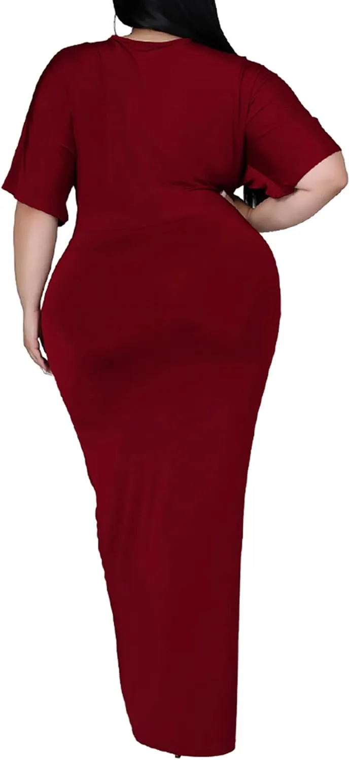 Sexy Plus Size Maxi Dress for Curvy Women V Neck Short Sleeve Wedding Guest Dress Party Dress