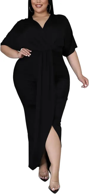 Sexy Plus Size Maxi Dress for Curvy Women V Neck Short Sleeve Wedding Guest Dress Party Dress