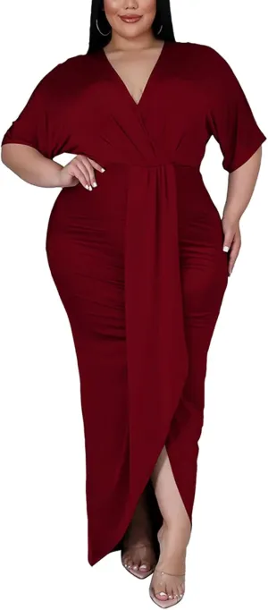 Sexy Plus Size Maxi Dress for Curvy Women V Neck Short Sleeve Wedding Guest Dress Party Dress