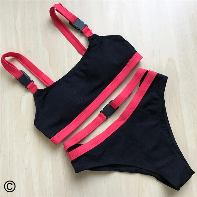 Sexy Sport Ribbed Buckle Strap Bikini