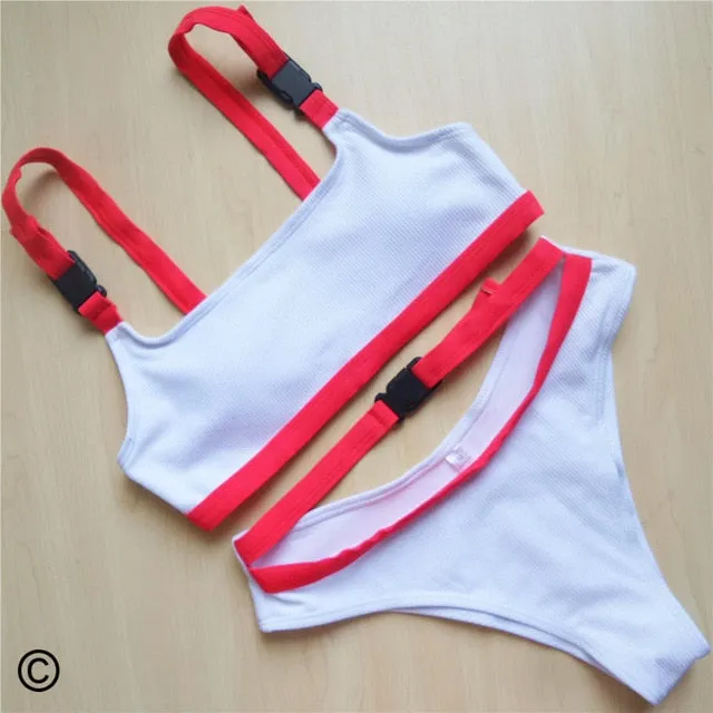 Sexy Sport Ribbed Buckle Strap Bikini