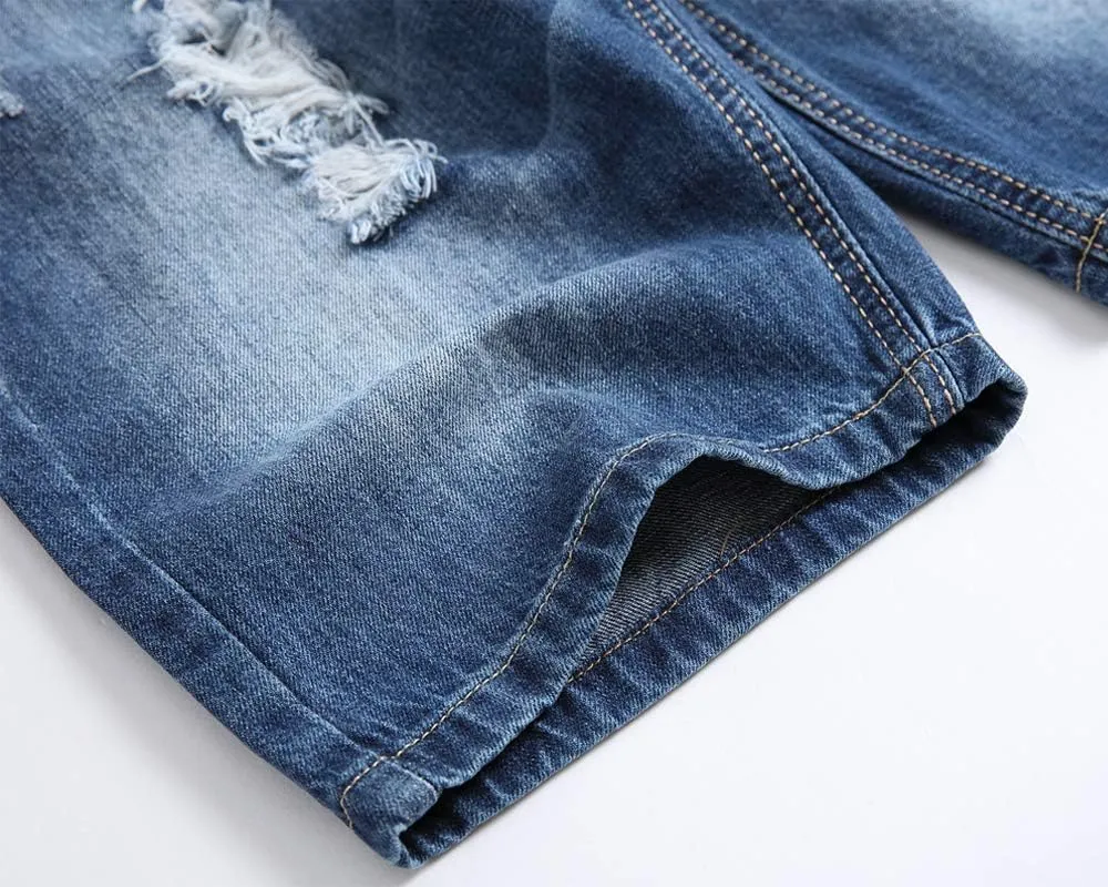SHOOYING Men's Casual Denim Ripped Shorts