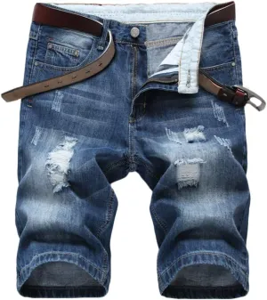 SHOOYING Men's Casual Denim Ripped Shorts