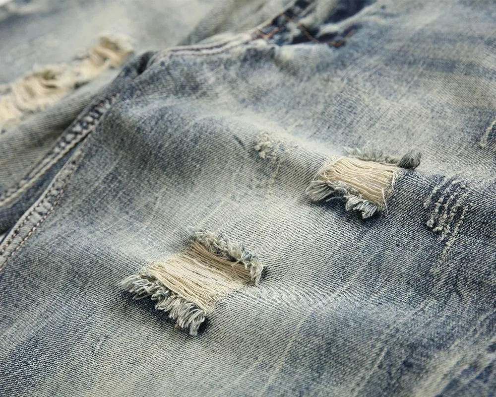 SHOOYING Men's Casual Denim Ripped Shorts