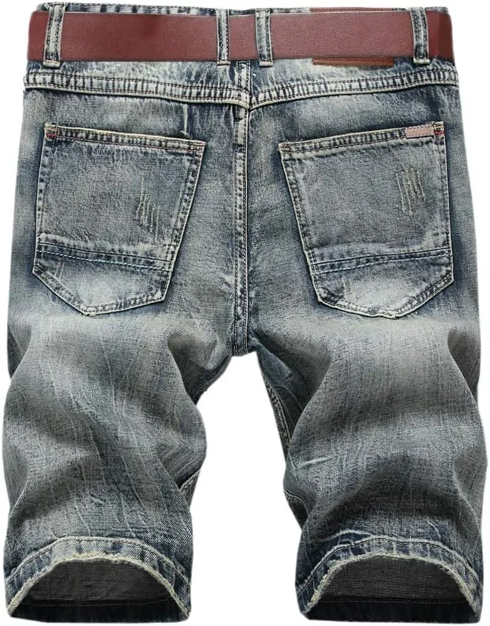 SHOOYING Men's Casual Denim Ripped Shorts
