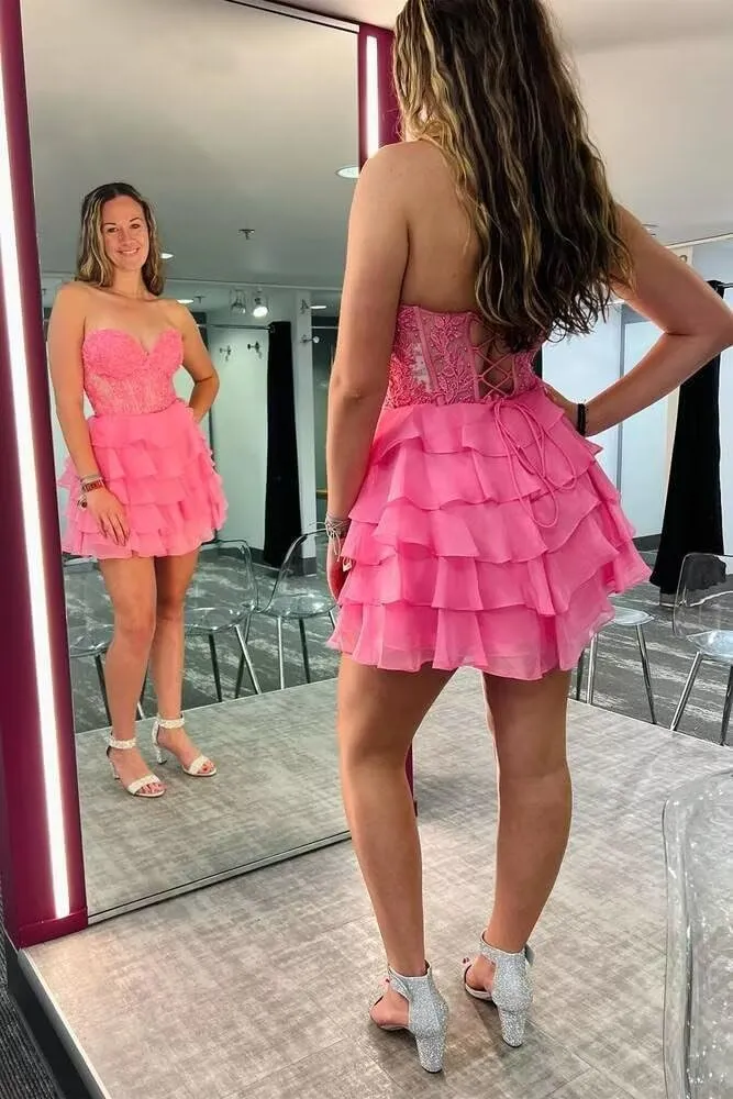 Short Homecoming Dresses for Teens 2025 Chiffon Lace Applique Strapless Prom Dresses Tiered Mini Cocktail Party Gown
