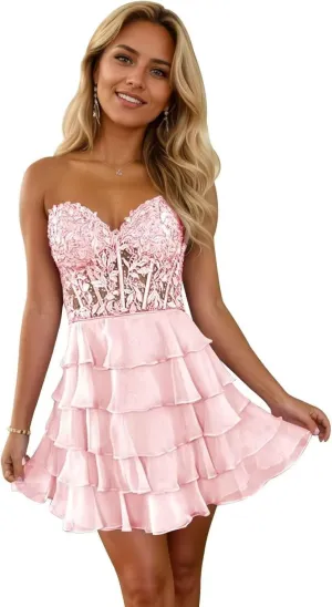 Short Homecoming Dresses for Teens 2025 Chiffon Lace Applique Strapless Prom Dresses Tiered Mini Cocktail Party Gown