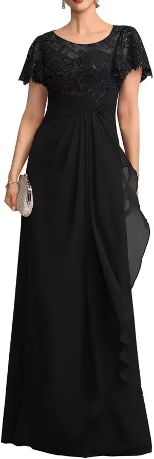Short Sleeve Mother of The Bride Dresses Long Chiffon Laces Sequin Wedding Wedding Formal Gowns for Mom