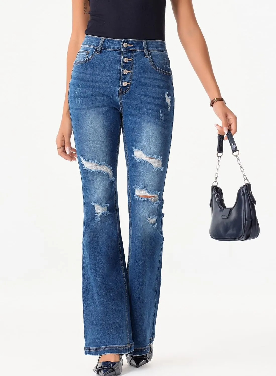 Sidefeel Women's High Waisted Bell Bottom Bootcut Jeans Flared Wide Leg Denim Pants