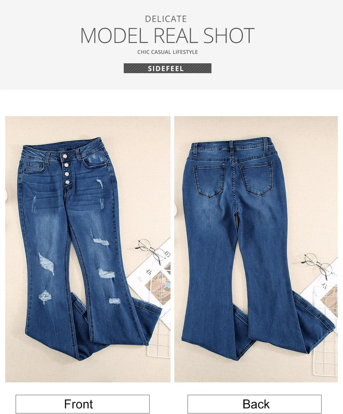 Sidefeel Women's High Waisted Bell Bottom Bootcut Jeans Flared Wide Leg Denim Pants