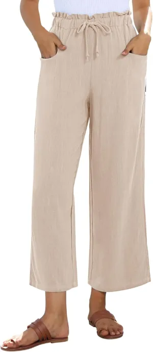siliteelon Wide Leg Linen Pants for Women Summer Capri Palazzo Flowy Pants Casual Loose High Waist Trousers with Pockets