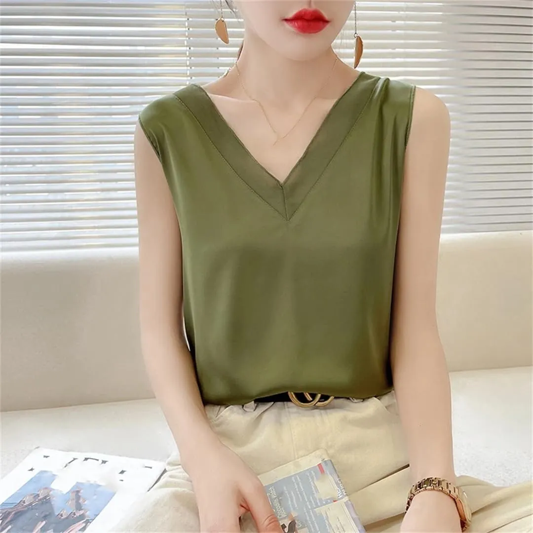 Silk Camisole Summer Ladies Satin V-Neck Silk Suspenders Sleeveless Top Inside T-Shirt Bottoming Vest