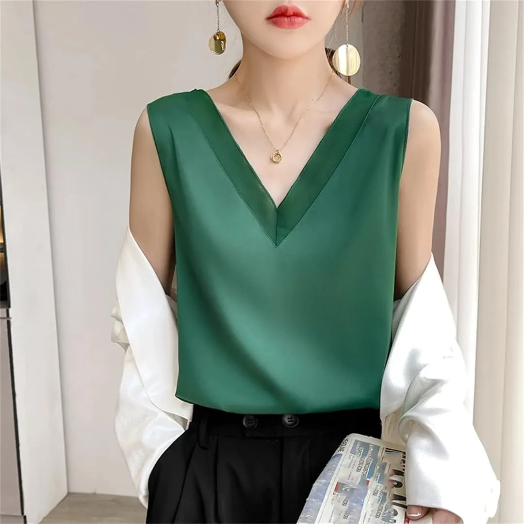 Silk Camisole Summer Ladies Satin V-Neck Silk Suspenders Sleeveless Top Inside T-Shirt Bottoming Vest