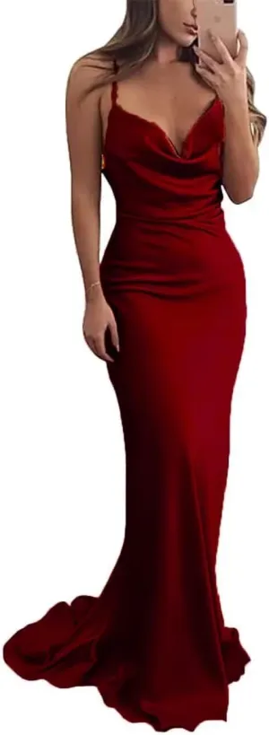 Silk Satin Bridesmaid Dress for Women Spaghetti Straps Cow Neck Mermaid Prom Dresses Long Backless Formal Gown
