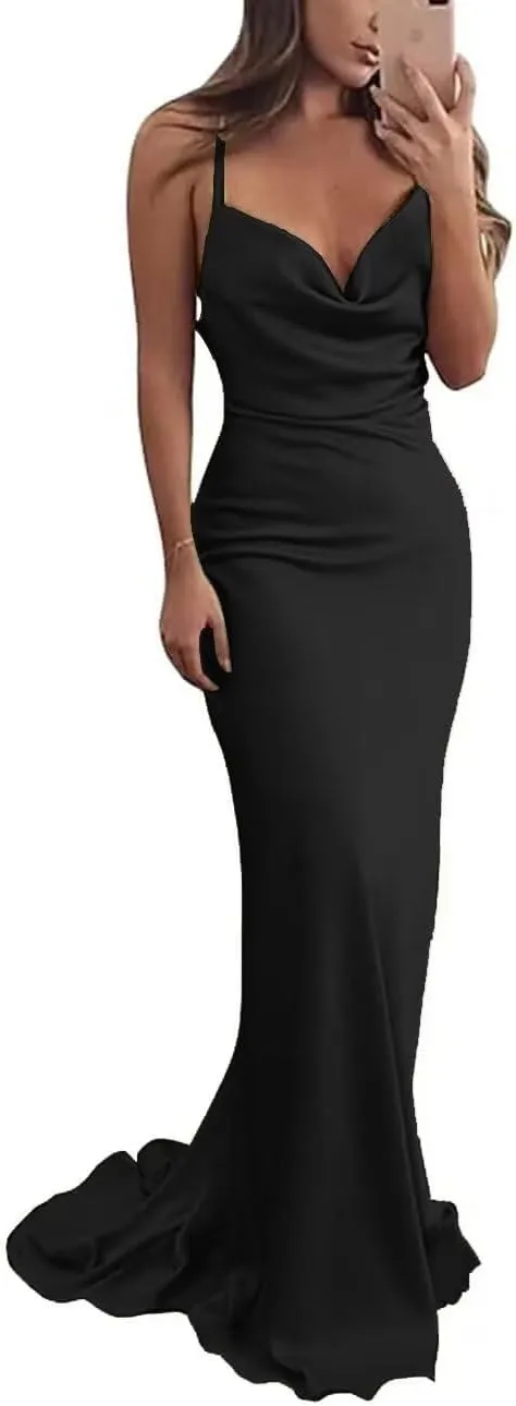 Silk Satin Bridesmaid Dress for Women Spaghetti Straps Cow Neck Mermaid Prom Dresses Long Backless Formal Gown
