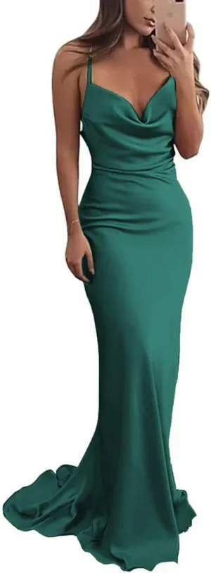 Silk Satin Bridesmaid Dress for Women Spaghetti Straps Cow Neck Mermaid Prom Dresses Long Backless Formal Gown