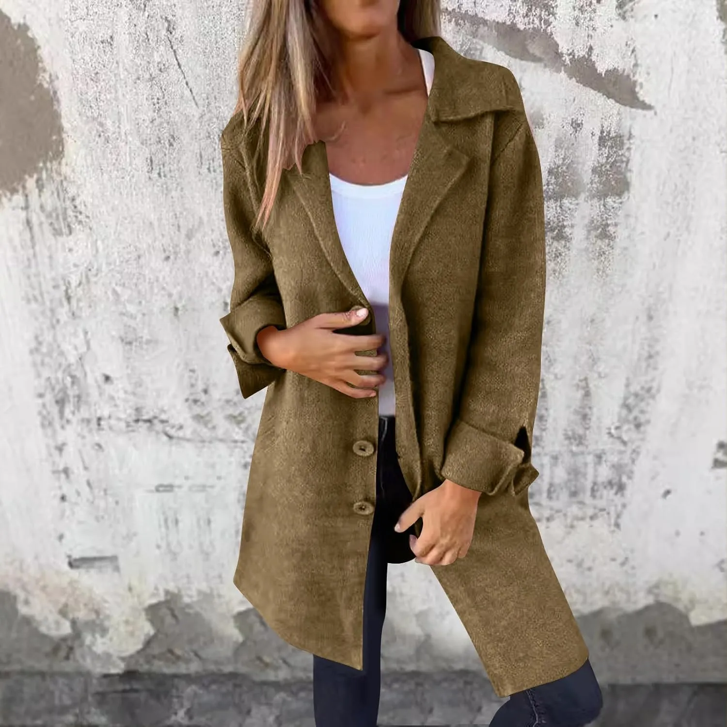 Sinzelimin Women's Woolen Coat Lightweight Mid-length Windbreaker Plus Size Notch Lapel Long Sleeves Trench Coat Windbreaker