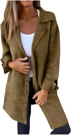 Sinzelimin Women's Woolen Coat Lightweight Mid-length Windbreaker Plus Size Notch Lapel Long Sleeves Trench Coat Windbreaker