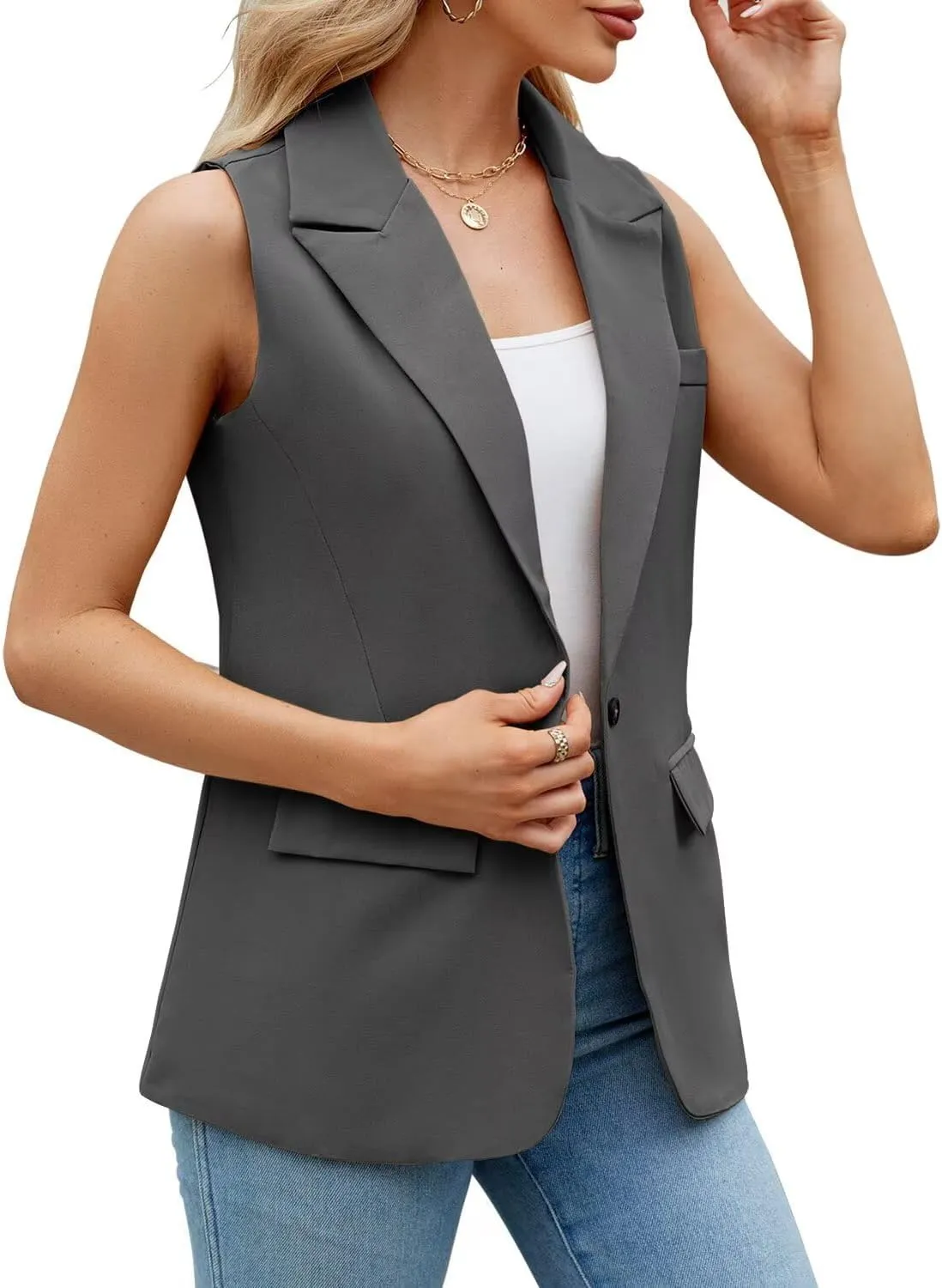 Sleeveless Blazer Vest for Women Spring 2025 Fashion Casual Lightweight Open Front Work Office Blazer Jackets with Pockets