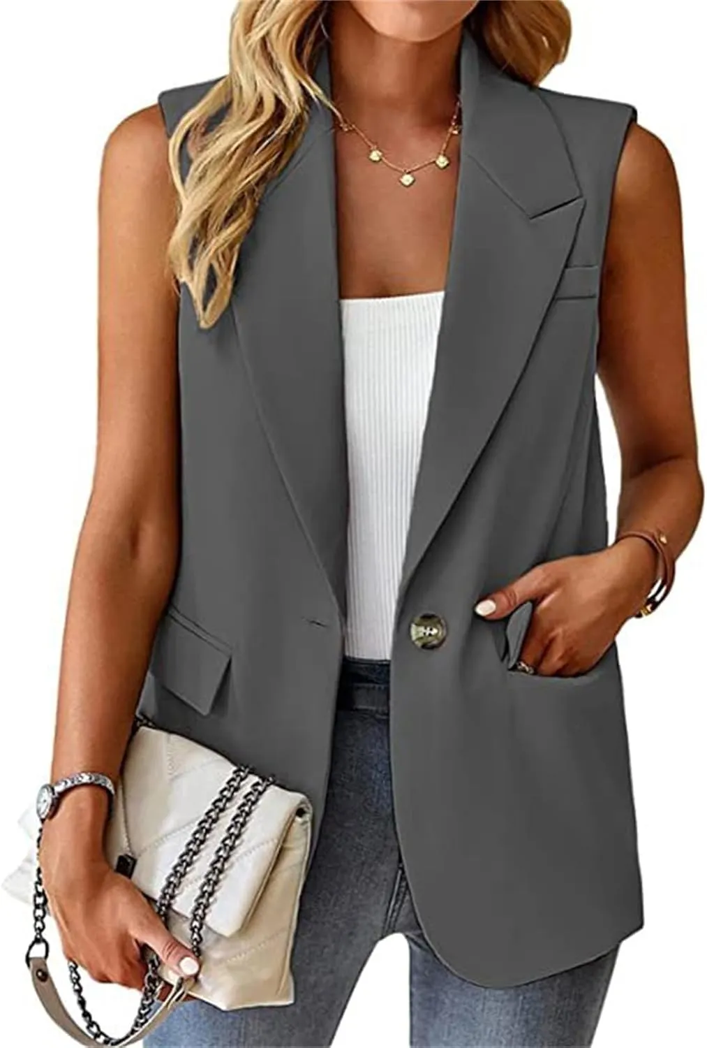 Sleeveless Blazer Vest for Women Spring 2025 Fashion Casual Lightweight Open Front Work Office Blazer Jackets with Pockets