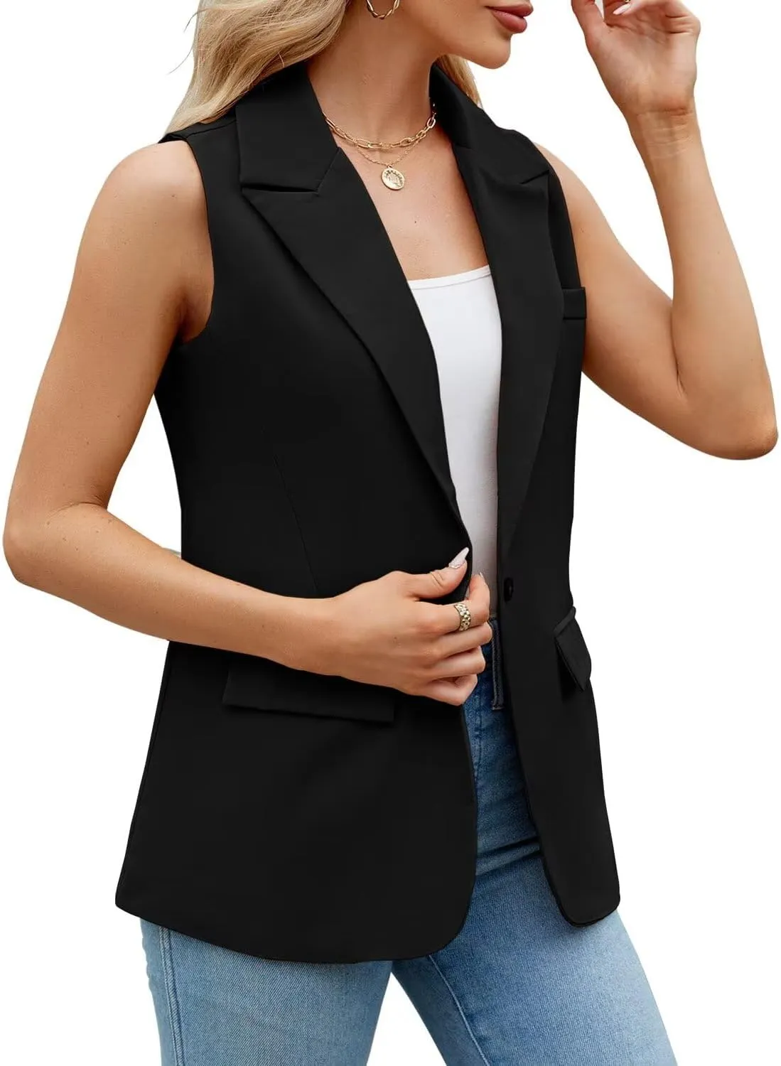 Sleeveless Blazer Vest for Women Spring 2025 Fashion Casual Lightweight Open Front Work Office Blazer Jackets with Pockets