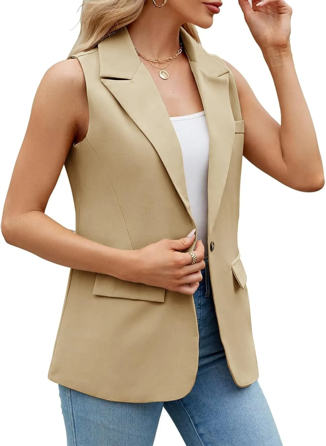 Sleeveless Blazer Vest for Women Spring 2025 Fashion Casual Lightweight Open Front Work Office Blazer Jackets with Pockets