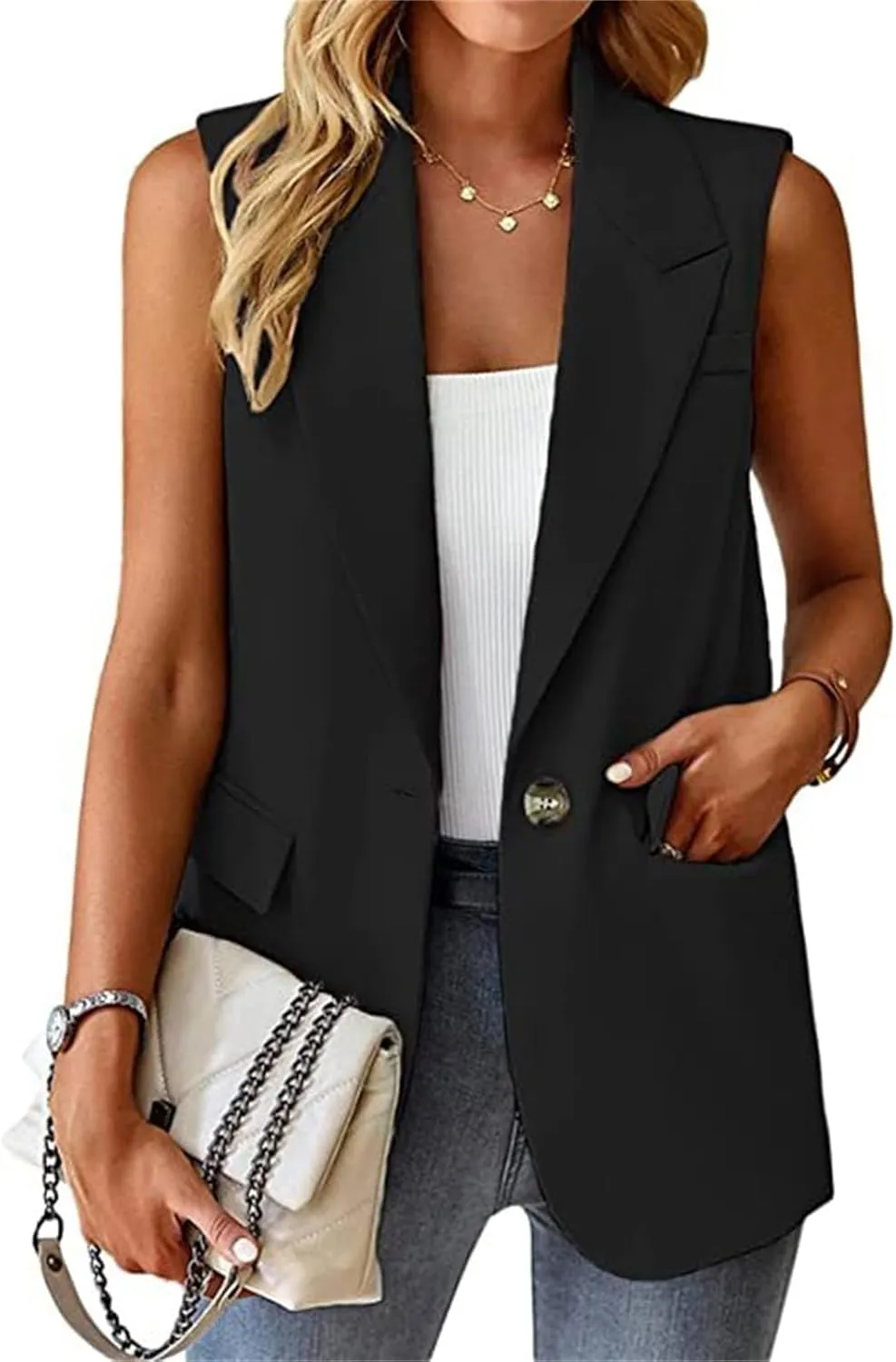 Sleeveless Blazer Vest for Women Spring 2025 Fashion Casual Lightweight Open Front Work Office Blazer Jackets with Pockets