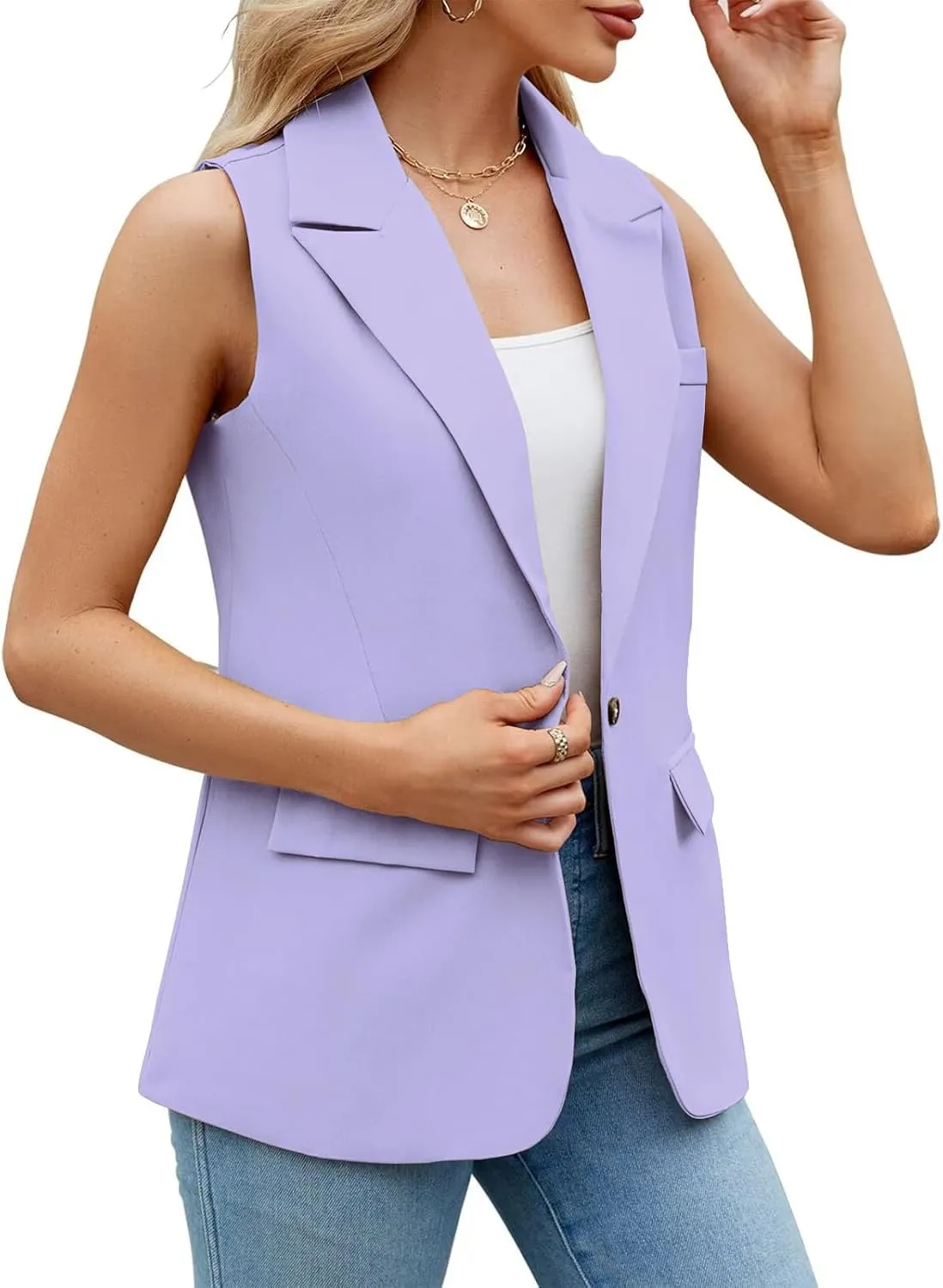 Sleeveless Blazer Vest for Women Spring 2025 Fashion Casual Lightweight Open Front Work Office Blazer Jackets with Pockets