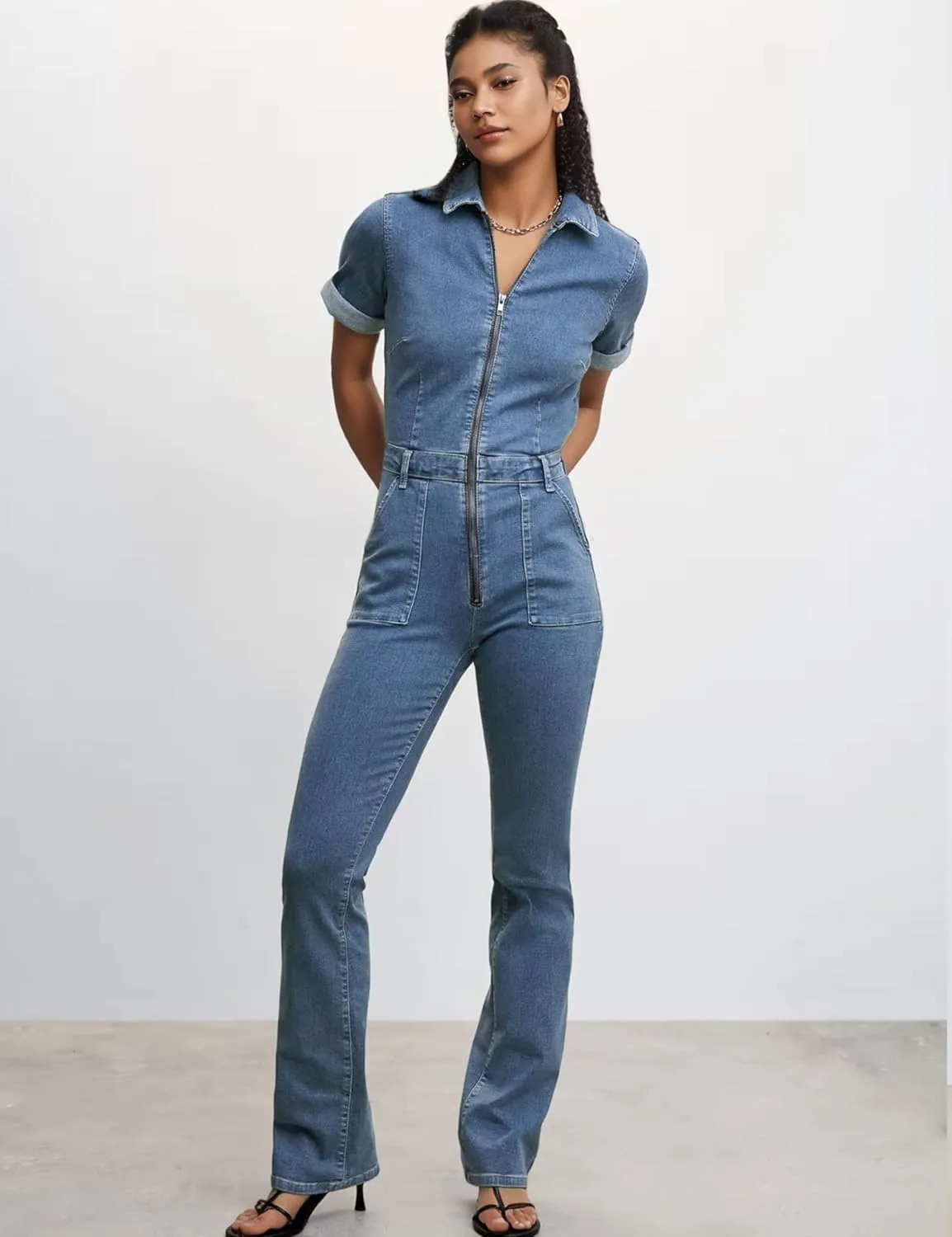 Slim Zip Up Denim Jumpsuit for Women Sexy Short Sleeve Flare Jeans Long Pants One Piece Rompers with Pockets