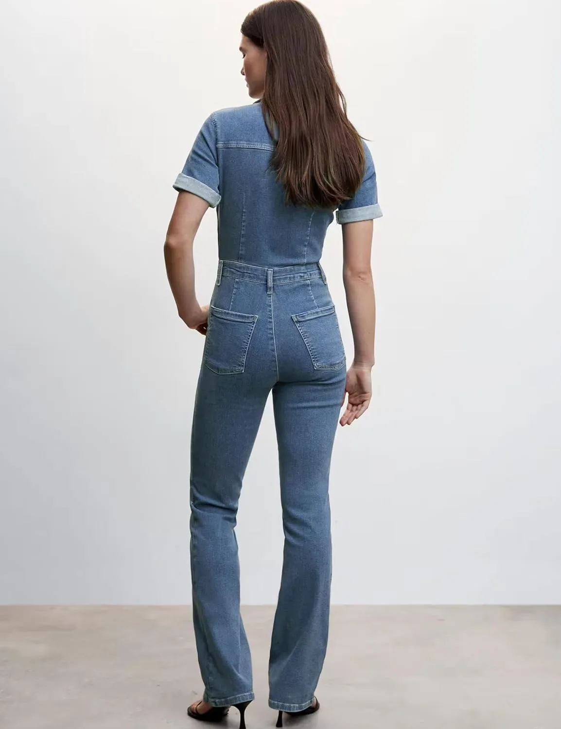 Slim Zip Up Denim Jumpsuit for Women Sexy Short Sleeve Flare Jeans Long Pants One Piece Rompers with Pockets