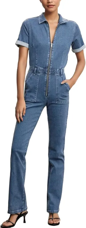 Slim Zip Up Denim Jumpsuit for Women Sexy Short Sleeve Flare Jeans Long Pants One Piece Rompers with Pockets