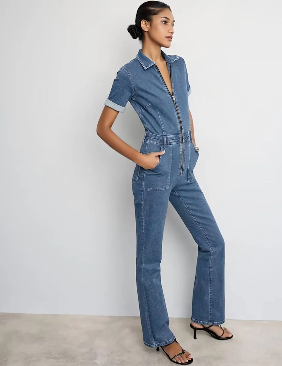 Slim Zip Up Denim Jumpsuit for Women Sexy Short Sleeve Flare Jeans Long Pants One Piece Rompers with Pockets